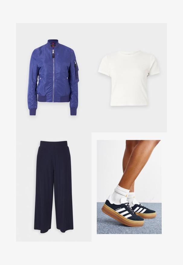 Modra bomberska jakna iz gladkega blaga, z sprednjim zadrgo, rebrastimi rokavi in utilitarnim žepom z zadrgo na rokavu.; Kratka bela majica iz bombaža s kratkimi rokavi, okroglim ovratnikom in ravnim robom, ki ima gladko teksturo in minimalističen dizajn.; Široke hlače iz temno modrega blaga z rebrasto teksturo. Imajo gladek pas in tekoč silhueto, ki seže do sredine tele.; Črni antilop superge z belimi črtami in poudarki, okrogel prst, gumijasti podplat, kombinirane z belimi rebrastimi nogavicami.