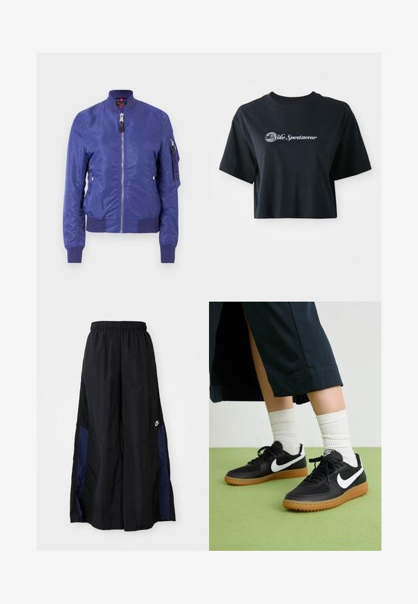 Kék bombázó dzseki sima anyagból, elülső cipzárral, bordázott mandzsettákkal és egy cipzáros zsebbel az ujjon.; Rövid ujjú, cropped fekete pamut póló, fehér "Vice Sportswear" felirattal és kör alakú grafikával az elején.; Fekete, bő szárú nadrág könnyű anyagból, tengerészkék oldalsó panellel és elasztikus derékkal. Kicsi fehér logó az alján.; Fekete bőr és szintetikus sneakers, fehér Nike logo-val, gumi talppal, kerek orral és fekete fűzővel. Csíkos fehér zokni látható.