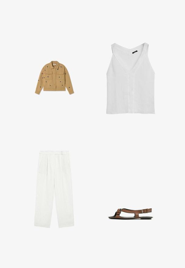 Beige Jeansjacke mit zwei Fronttaschen, verziert mit dunkelblauem Blumenstick und dem Wort "SOL" in der Nähe des Kragens, knöpfbarer Verschluss.; Massimo Dutti FLOWING DOUBLE FABRIC GARMENT - Top - white; Weiße weite Hosen mit vertikalen Nadelstreifen, mit flachem Vorderteil, zwei Seitentaschen und entspannter Passform. Weicher Stoff, minimale Details.; Braune Leder-Sandale mit offener Zehenpartie und seitlichen Ausschnitten. Sie verfügt über einen Knöchelriemen mit einer metallischen Schnalle und eine flache Sohle.