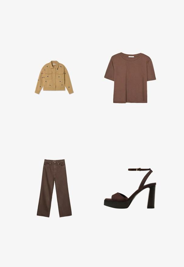 Tan denim jacket met twee voorzakken, versierd met marineblauwe bloemenborduring en het woord "SOL" bij de kraag, met knoopsluiting aan de voorkant.; Korte mouwen T-shirt in bruin, gemaakt van een zachte stof, met een ronde halslijn en een relaxte pasvorm. Geen zichtbare patronen of accenten.; Brede bruine spijkerbroek van denim, met een hoge taille, voorzakken en een klassieke knoopsluiting. Soepele textuur met subtiele stiksels.; Bruine suède high-heeled sandaal met een open teen, verstelbare enkelband en een gestreepte plateauzool.