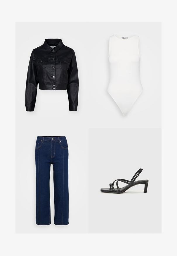 Juoda trumpa džinsinė striukė iš dirbtinės odos, su sagčių uždarymu, dviem krūtinės kišenėmis ir ilgomis rankovėmis su prigludusiais manžetais.; Baltas be rankovių bodis su aukštu kaklu ir thong kirpimu. Lygus paviršius ir prigludusi siluetas, skirtas apkūniam įvaizdžiui.; Tamsiai mėlynos tiesaus silueto džinsai su mygtukų užsegimu, priekinėmis ir užpakalinėmis kišenėmis bei matoma oranžine siūleliu aplink siūles.; Juodi šlepetės su kvadratiniu pirštu ir žemu bloku kulnu. Yra keli ploni dirželiai ir reguliuojamas kulkšnies diržas. Pagaminti iš lygios odos.