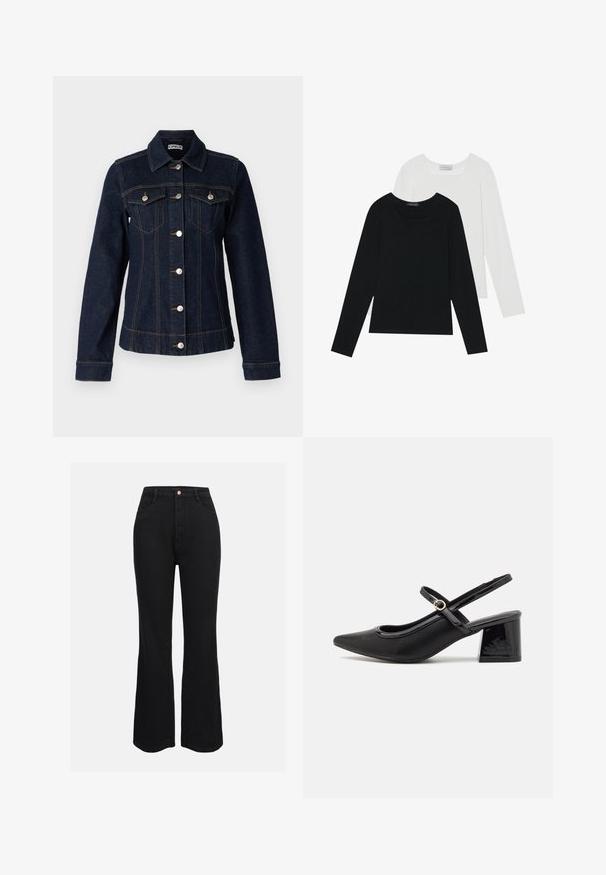 ONLY Tall ONLFREDERIKKE - Džinsa auduma jaka - dark blue denim; Divi ilgiem piedurknēm tops, viens melns un otrs balts, abiem ir kvadrāta izgriezums un tie ir izgatavoti no mīksta, elastīga auduma.; Melnas augsta jostas līmeņa flared džinsus, kas izgatavoti no denima, ar tradicionālām kabatām un priekšējo pogu aizdari. Gluda tekstūra un vienmērīga krāsa.; Melns patentēts ādas sandales ar norādīta pirksta formu, noapaļotu izgriezuma dizainu un bloķētu papēdi. Iezīmēta ar zelta toņa sprādzi.