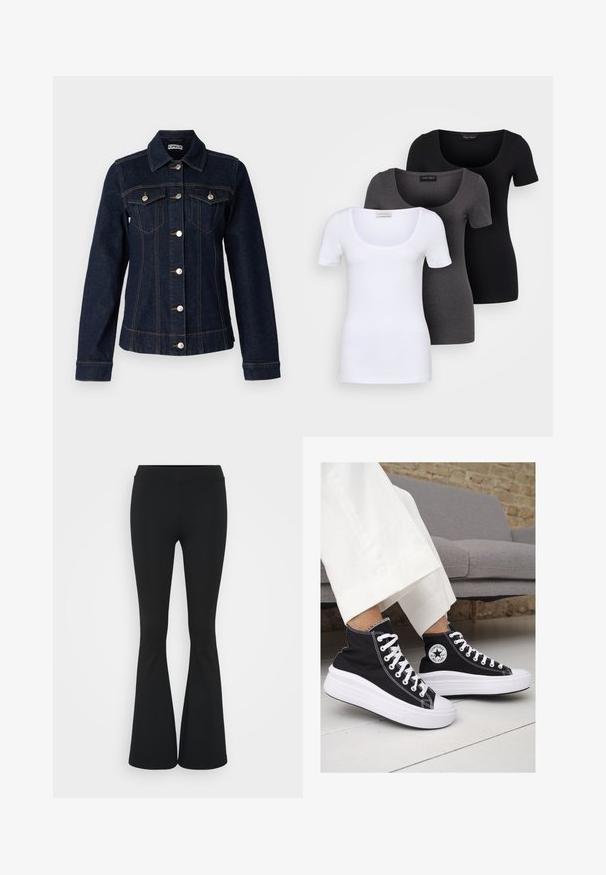 ONLY Tall ONLFREDERIKKE - Denim jacket - dark blue denim; Three fitted T-shirts in white, gray, and black. Each features a wide scoop neckline and short sleeves. Made from smooth, stretchy fabric.; Black flared pants made of stretchy fabric, featuring a high waistband and a smooth texture. The pants flare out from the knee.; Black canvas high-top sneakers with white rubber soles and laces. Features a circular logo on the side and contrasting white stitching.
