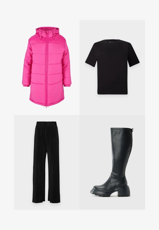 Padded pink coat featuring a zip front, a drawstring hood, and elasticated cuffs. The surface has a smooth texture with quilted detailing.; Black short-sleeve t-shirt with a round neckline, crafted from soft cotton fabric. Simple design, no visible logos or patterns.; Black pleated trousers with an elastic waistband. Features wide legs and a smooth, textured fabric with vertical stripes.; Tall black leather boot with chunky platform sole and block heel, featuring pull tab and textured tread on outsole.