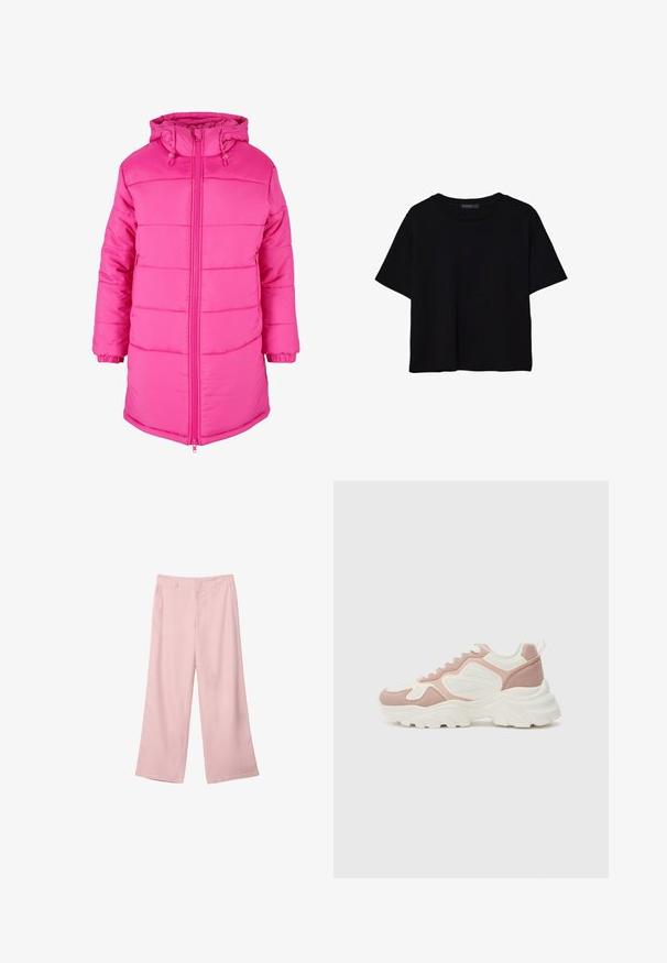 Vycpaná růžová bunda s předním zipem, stahovací kapucí a elastickými manžetami. Povrch má hladkou texturu s prošívanými detaily.; Černé tričko s krátkým rukávem vyrobené z bavlny. Má kulatý výstřih a volný střih s hladkým, jednobarevným povrchem. Bez viditelných vzorů nebo akcentů.; Světle růžové široké kalhoty z hladké tkaniny. Mají strukturovaný pas a rovné, splývavé nohavice, bez viditelných vzorů nebo kovových doplňků.; Chunky tenisky v růžové a bílé barvě; mají síťované a semišové panely, dekorativní prošívání a silnou gumovou podrážku s texturovaným vzorkem.