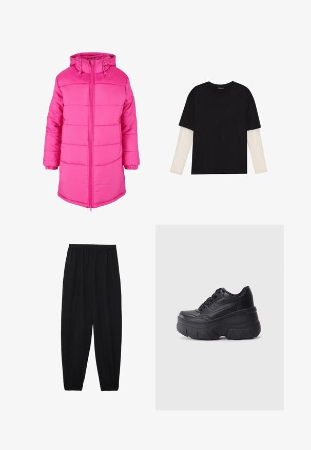 Vycpaná růžová bunda s předním zipem, stahovací kapucí a elastickými manžetami. Povrch má hladkou texturu s prošívanými detaily.; Černé tričko z bavlny s krátkým rukávem, pod kterým je bílá podvlékací halenka s dlouhým rukávem a jemným texturovaným vzorem. Design s kulatým výstřihem.; Černé, lehké kalhoty s elastickým pasem a nařasenými kotníky. Tkanina je hladká a má uvolněný, zúžený design.; Černé šněrovací tenisky s robustní podrážkou, s hladkým koženým svrškem, zaoblenou špičkou a výrazným vrstveným designem platformy.
