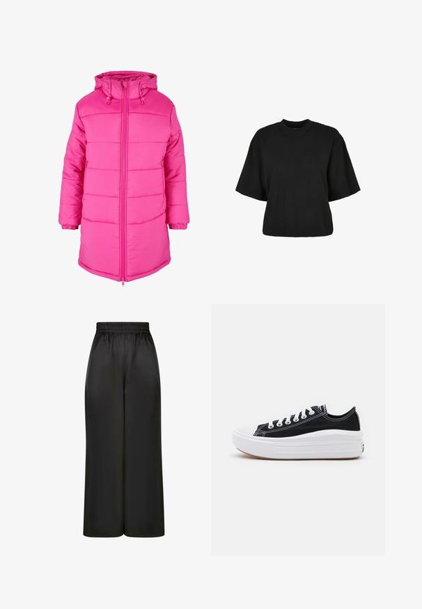 Pildīts rozā mētelis ar rāvējslēdzēju priekšā, regulējamu kapuci un elastīgiem piedurkņu galiem. Virsma ir gluda ar quilted detaļām.; Melnas īsā piegriezuma T-kreklis no kokvilnas. Tam ir īsas piedurknes un apaļa izgriezne. Gluda tekstūra ar vienkāršu dizainu, bez papildu rakstiem.; Melni plaši bikses, izgatavotas no gludas, spīdīgas auduma, ar elastīgu jostu un bez redzamām kabatām vai aparatūras detaļām.; Melni kanvas sporta apavi ar baltām šņorēm, baltu gumijas purngalu un masīvu baltu zoli. Iezīmējas ar smalku baltu šuvumu un gumiju zoli.