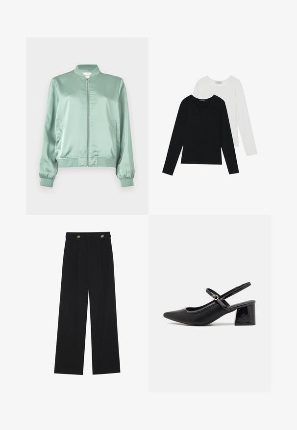 Lys grønn sateng bomberjakke med frontglidelås, ribbet krage, mansjetter, liv, og to sidelommer.; To lange ermer t-skjorter, en svart og en hvit, begge med firkantet utringning og laget av mykt, elastisk stoff.; Svart vide bukser med høy midje, knappdetaljer på midjebåndet og frontplisser.; Sorte lakk lær slingback hæler med spiss tå, et avrundet utskjæringsdesign og blokkheel. Har en gulltone spenne som detalj.