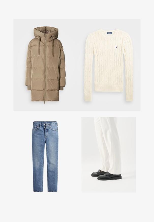 Manteau matelassé à capuche en beige clair avec une fermeture éclair à l'avant et un cordon de serrage ajustable. Présente un design matelassé en sections et des poignets côtelés.; Pull en maille torsadée crème avec manches longues, poignets et ourlet côtelés, présentant un petit logo brodé sur la poitrine gauche.; Jeans en denim bleu clair avec une coupe droite, un design à cinq poches et un bouton pression. Présentent une légère décoloration et des coutures orange en accent.; Mocassins en cuir noir avec une texture lisse, des détails de couture et un bout arrondi, associés à un pantalon blanc ajusté.