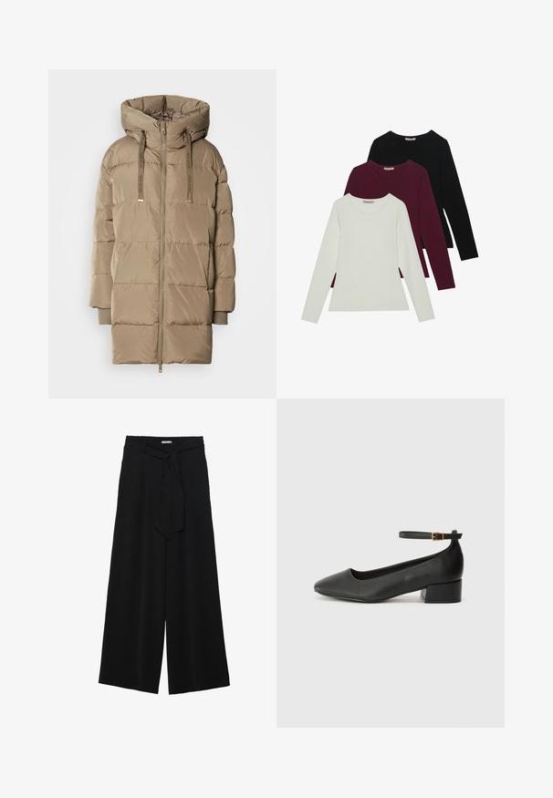 Padded kaput Zagreba u svijetloj bež boji s prednjim zatvaračem i podesivom vezicom. Ima odvojeni dizajn sa šavovima i rebraste manžete.; Majice s dugim rukavima u bijeloj, burgundijskoj i crnoj boji. Izrađene od mekog materijala, s okruglim izrezom i prilagođenim krojem. Pogodne za slojevito odijevanje.; Crne široke hlače od teksturirane tkanine, s elastičnom pojasom i odvojivim remenom na struku za prilagodivo pristajanje.; Crne kožne pumpe s oštrim vrhom i niskom blok petom. Sadrže remen oko gležnja s zlatnim kopčanjem. Glatka tekstura.