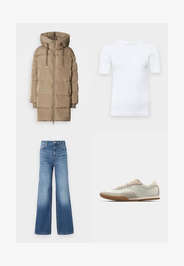 Padded hooded coat in light beige with a front zipper and adjustable drawstring. Features sectioned quilt design and ribbed cuffs.; White short-sleeve t-shirt made of cotton. Features a round neckline and a smooth texture, with minimal stitching visible at the hem.; Light blue denim wide-leg jeans with a high waistband, featuring five pockets, belt loops, and a subtle fade effect towards the hem.; White and beige sneaker featuring a smooth upper with suede accents, a textured sole, and tonal stitching. Lace-up closure with logo detail.