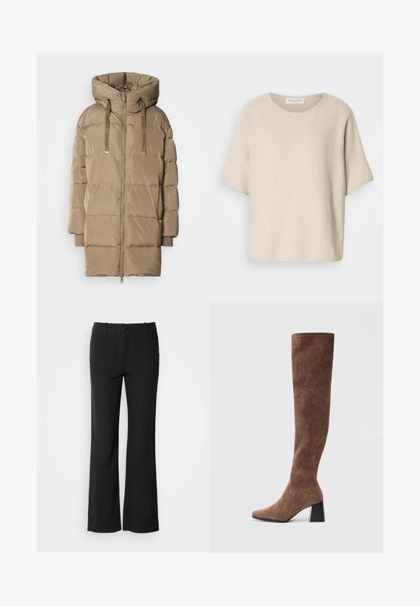 Gepolsterter Kapuzenmantel in Hellbeige mit einem Frontreißverschluss und verstellbarem Kordelzug. Verfügt über ein gestepptes Design in Segmente und gerippte Bündchen.; Beige Kurzarm-Oberteil aus strukturierter Stoffqualität, mit Rundhalsausschnitt und lässiger Passform, versehen mit einem Etikett im Inneren des Ausschnitts.; Schwarze Baumwollmischungshose mit geradem Bein, vorderem Knopfverschluss und zwei Seitentaschen. Glatte Textur, keine sichtbaren Muster.; Braune Overknee-Stiefel aus weichem Wildleder mit spitzer Zehenform und einem massiven schwarzen Absatz. Das Design verfügt über nahtlose Nähte für einen eleganten Look.