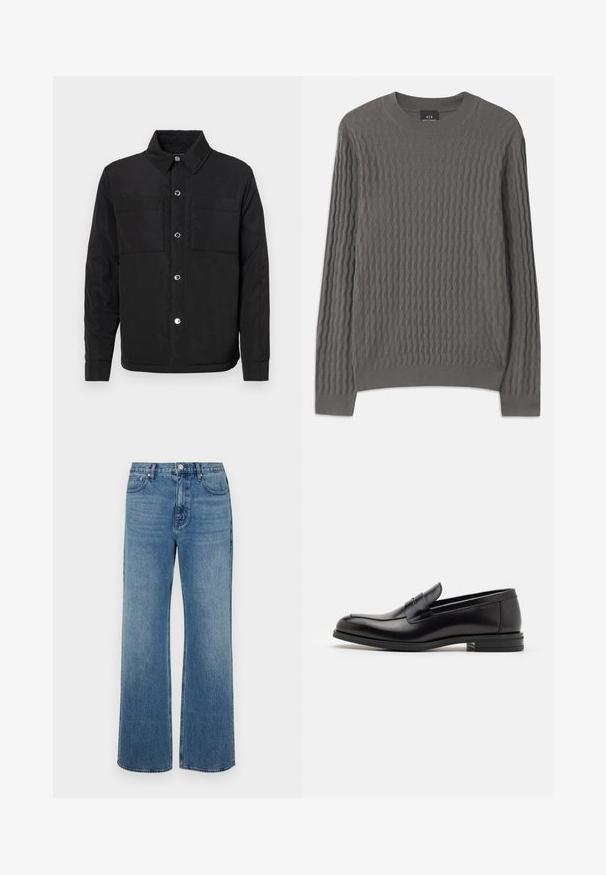 Black padded jacket featuring a button-up front, two chest pockets, and a collar. Made from smooth fabric with a matte finish.; Armani Exchange Jumper - dark gull zig zag; Wide-leg blue jeans made of denim with a faded finish. Features five pockets, a front button closure, and a straight cut.; Black leather loafers with a smooth texture, rounded toe, and a decorative strap across the vamp. Low stacked heel, minimalist design.