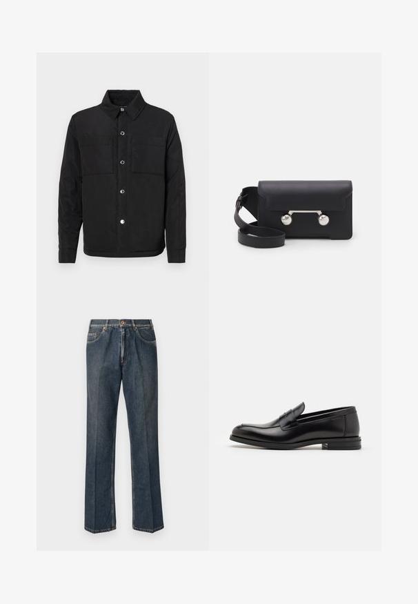 Jachetă neagră căptușită, cu închidere frontala cu nasturi, două buzunare pe piept și guler. Fabricată dintr-un material neted cu o finisare mată.; Pulover tricotat de culoare crem, cu guler polo, manșete și tiv cu nervuri, având o clapetă frontală și o textură moale.; Jeans din denim drept, de culoare albastră închisă, cu nasture frontal, fermoar, două buzunare frontale și cute verticale vizibile pe picioare.; Mocasini din piele neagră cu o textură netedă, vârf rotund și o curea decorativă peste partea superioară. Toc mic, design minimalist.; Geantă din piele neagră, tip crossbody, cu închidere prin clapetă, accesorii din metal de culoare argintie și două accente rotunde. Dispune de o curea detașabilă. Textură netedă.