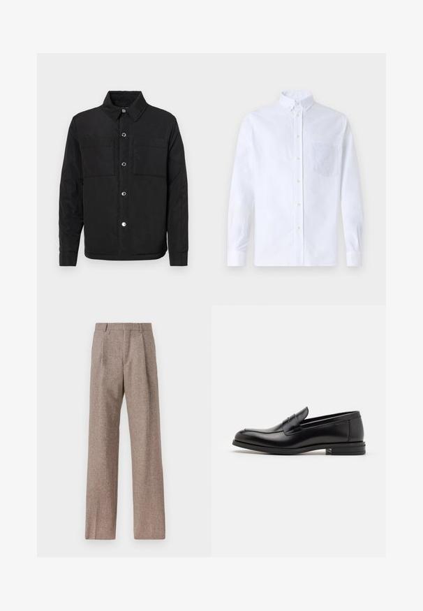 Black padded jacket featuring a button-up front, two chest pockets, and a collar. Made from smooth fabric with a matte finish.; White long-sleeve button-up shirt made of cotton, featuring a chest pocket with tonal embroidery, a collar, and button cuffs.; Brown, high-waisted trousers made of textured fabric. Features wide legs and two front pleats for structure. Neat finish with no visible hardware.; Black leather loafers with a smooth texture, rounded toe, and a decorative strap across the vamp. Low stacked heel, minimalist design.