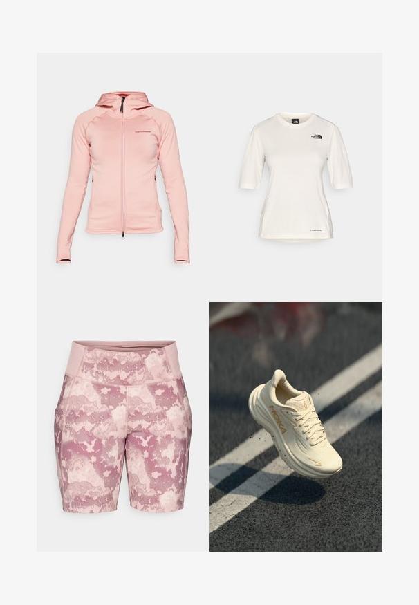 Peak Performance FLO CHILL LIGHT ZIP - Flisinė striukė - warm blush; The North Face SHADOW SHORT SLEEVE - Sportiniai marškinėliai trumpomis rankovėmis - white dune; Rožinė kamufliažo modeliavimo šortai, pagaminti iš elastingos medžiagos, turi aukštą liemenu skirtą juostą ir šonines kišenes funkcionalumui.; Baltas sportbačiai su tekstūruotu viršumi, apvalia nosimi ir storu padu. Puošti šviesiai smėlio spalvos akcentais ir raišteliais, plūduriuojantys virš tamsios paviršiaus.