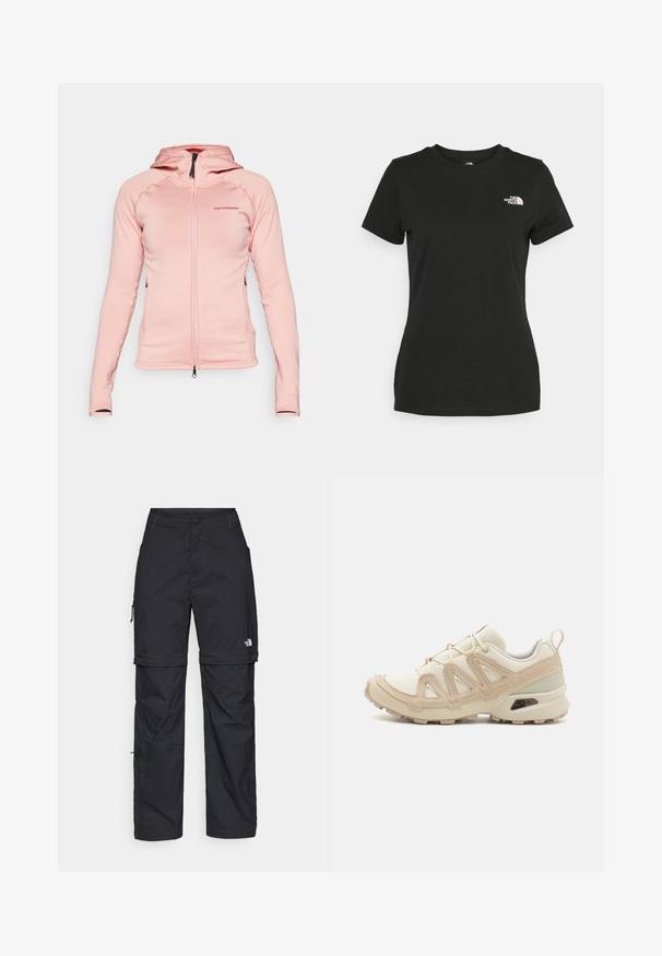 Peak Performance FLO CHILL LIGHT ZIP - Jakna iz flisa - warm blush; Črna bombažna majica s krožnim izrezom in kratkimi rokavi. Opazna bela oznaka na zgornji levi strani. Gladka tekstura, sproščen kroj.; Črne najlon hlače z zipom, ki se lahko odstranijo, s prilagodljivimi manšetami, več žepi in logotipom na desni nogi. Gladka, lahka tekstura.; Bež in krem športni čevlji z teksturiranim mrežastim zgornjim delom, podpornimi prekrivali in gumijastim podplatom z vzorcem za oprijem.