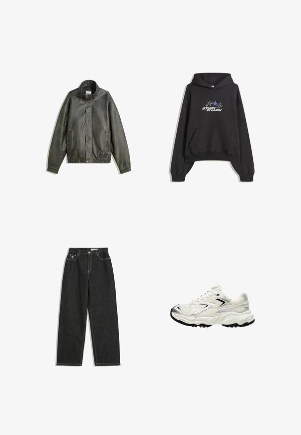 Jachetă din piele de culoare verde închis, cu guler înalt, închidere cu fermoar, două buzunare frontale, talie elastică și textură netedă.; Hanorac negru cu buzunar frontal, manșete cu dantelă și text grafic "STUCK IN LUCK" sub cinci stele, una colorată albastru, pe piept.; Jeanși negri cu picioare drepte, cusături albe, design cu cinci buzunare, închidere cu nasture și fermoar, și un mic logo pe buzunarul din dreapta față.; Adidași albi cu un superior din plasă, accente argintii, talpă neagră și panouri texturate. Caracteristici includ un design cu șireturi și o formă de vârf rotunjit.