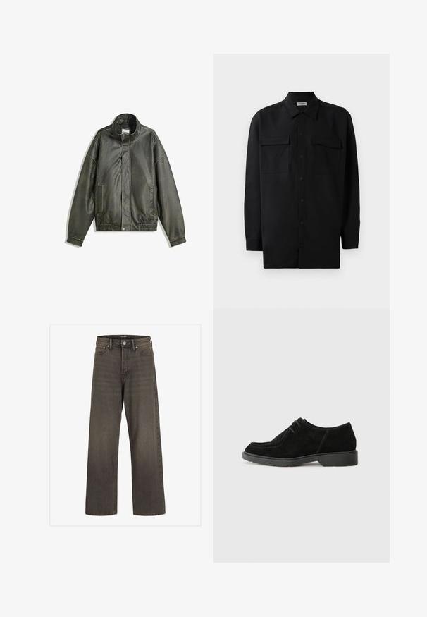 Sötétzöld bőrkabát magas gallérral, cipzáros zárással, két elülső zsebbel, rugalmassá tett derékrésszel és sima textúrával.; Fekete gombos ing, sima anyagból készült, klasszikus gallérral, két elülső zsebbel és hosszú ujjakkal, amelyek gombos mandzsettával záródnak.; Széles lábú farmernadrág sötétszürke denimből, magas derékkal, klasszikus öt zsebes kialakítással és kontrasztos varrással az illesztések mentén.; Fekete velúr öltönycipő lekerekített orral, kontrasztos varrással és gumitalppal. Minimalista fűzéssel és sima felső kialakítással rendelkezik.