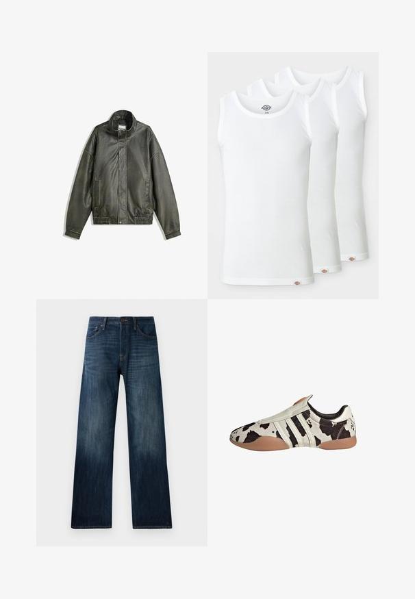 Tmavě zelená kožená bunda s vysokým límcem, zapínáním na zip, dvěma předními kapsami, elastickým pasem a hladkým povrchem.; Tři bílé tílka vyrobené ze žebrované bavlny. Každé má kulatý výstřih a malou logo nášivku na lemu. Klasický, jednoduchý design.; Tmavě modré džíny s rovnými nohavicemi, mají lehkou texturu, poutka na pás a klasický pětipocket design.; Bílo-černé kožené boty s vzorem a texturovaným povrchem, s třemi bílými horizontálními pruhy a hnědou gumovou podrážkou.