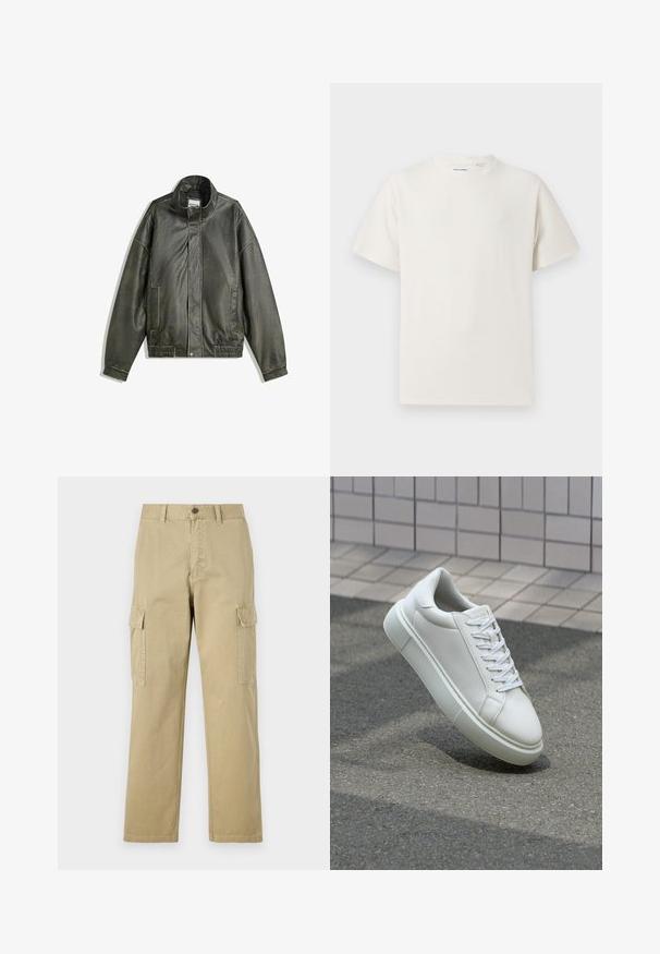 Giacca di pelle verde scuro con colletto alto, chiusura con cerniera, due tasche frontali, vita elastica e superficie liscia.; T-shirt bianca a maniche corte in texture a coste. Girocollo, vestibilità rilassata, senza modelli o accenti visibili. Design semplice e versatile.; Pantaloni cargo beige in cotone, dotati di due tasche laterali, chiusura con bottone e gamba dritta con tessuto leggermente texture.; Sneaker bianco in pelle con superficie liscia, punta rotonda e lacci piatti bianchi. Presenta una suola in gomma texturizzata e un design minimale.