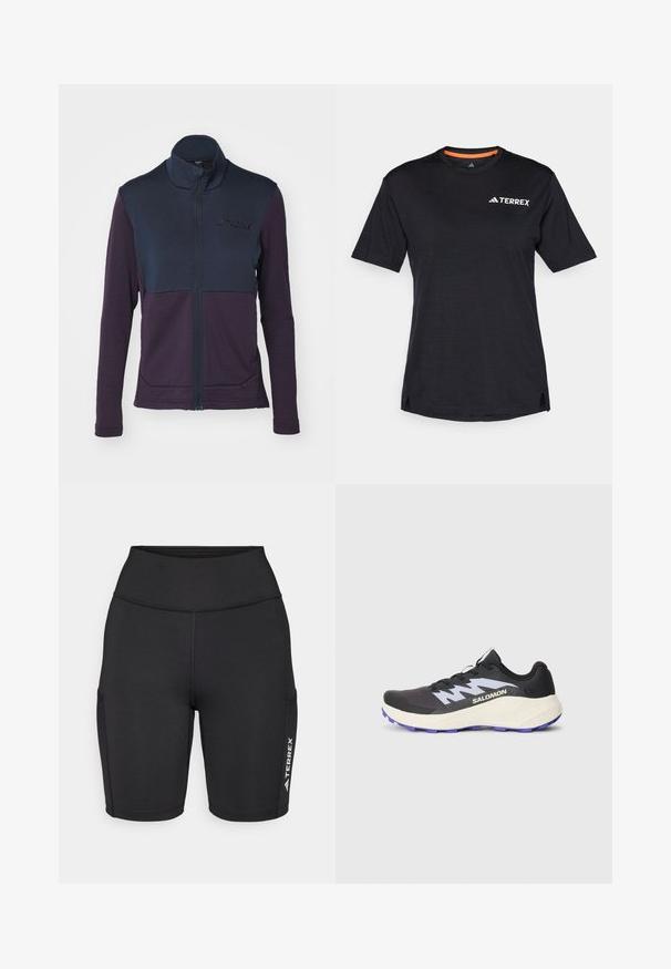 adidas Terrex MULTI FULL ZIP JACKET - Fleecejacke - aurora black; Schwarzes Kurzarm-T-Shirt mit Rundhalsausschnitt, das eine dezente melierte Textur aufweist und ein weißes "TERREX"-Logo auf der oberen linken Seite hat.; Schwarze Sportshorts aus dehnfähigem Stoff, mit einem hohen Bund, seitlichen Taschen und einem weißen Logo-Akzent an einem Bein.; Schwarzer Sportschuh mit lila Laufsohle, strukturiertem Mesh-Obermaterial und kontrastierenden grauen Akzenten. Verfügt über Schnürsenkel und ein auffälliges Logo an der Seite.