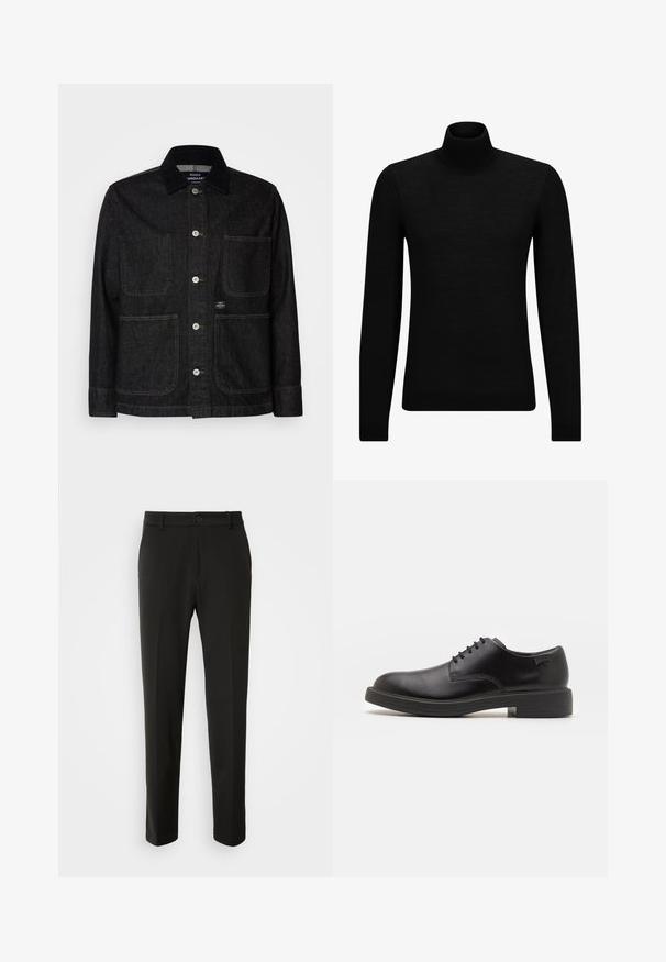 Chaqueta de mezclilla negra con cuello puntiagudo, cierre de botones, dos grandes bolsillos frontales y una pequeña etiqueta de logo en el bolsillo inferior derecho.; Jersey de cuello alto negro hecho de un material suave, con mangas largas y un ajuste ceñido. Ribete acanalado en el dobladillo y los puños. Diseño simple.; Pantalones negros hechos de una tela suave, con piernas rectas, cierre de botón y un diseño clásico adecuado para ocasiones formales o informales.; Zapato negro de cuero con cordones, punta redondeada, textura suave, costuras mínimas y tacón bajo de goma. Logo en el tacón.