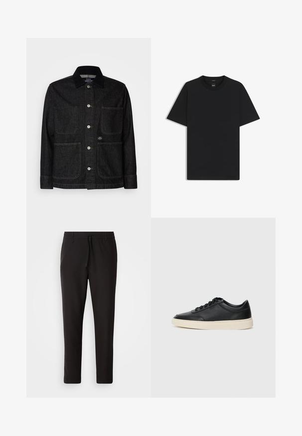 Czarna kurtka dżinsowa z ostrym kołnierzem, zapięciem na guziki, dwoma dużymi przednimi kieszeniami i małą metką z logo na dolnej prawej kieszeni.; Czarny t-shirt krótki rękaw wykonany z gładkiej mieszanki bawełny, z okrągłym dekoltem i minimalistycznym designem bez wzorów czy akcentów.; Czarne spodnie dresowe wykonane z gładkiego materiału. Posiadają elastyczny pas ze sznurkiem, zwężane nogawki oraz brak widocznych kieszeni. Prosty design.; Czarne niskie skórzane sneakersy z czarnymi sznurówkami i off-white podeszwą, prezentowane w profilu bocznym na białym tle.