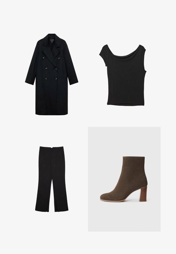 Schwarzer, doppelt geknöpfter Mantel aus Wollmischung, mit breiten Revers, langen Ärmeln und goldfarbigen Knöpfen, in gerader Silhouette.; Schwarzes Kurzarmoberteil aus glattem Stoff; hat einen drapierten Ausschnitt und einen asymmetrischen Saum, mit einem figurbetonten Körper.; Schwarze Hose mit geradem Schnitt, ausgestattet mit Fronttaschen und Seitenschlitzen am Saum. Hergestellt aus weichem, glattem Stoff. Geeignet für verschiedene Anlässe.; Braune Wildleder-Ankle-Boots mit runder Zehenform und einem gestuften, strukturierten Absatz. Glatte Oberfläche ohne sichtbare Verschlüsse oder Verzierungen.