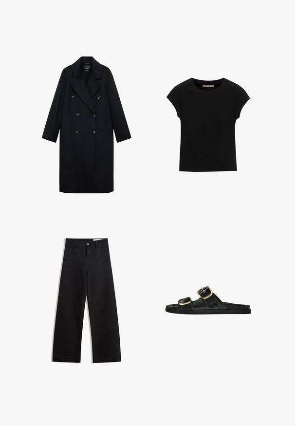 Črn dvojniki plašč iz volnene mešanice, z širokimi klapnicami, dolgimi rokavi in zlatimi gumbi, s pravim silhueto.; Črna kratka majica s kratkimi rokavi, narejena iz mehke tkanine, z okroglim izrezom in sproščenim krojem, z gladko teksturo in brez vzorcev.; Črne široke denim hlače z visokim pasom, ki imajo sprednje in zadnje žepe, šivane šive ter gumbasto zapiranje. Gladka tekstura.; Črne drsne sandale z dvema zlatima zaponkama, gladkega materiala, ravnim podplatom in minimalističnim dizajnom.