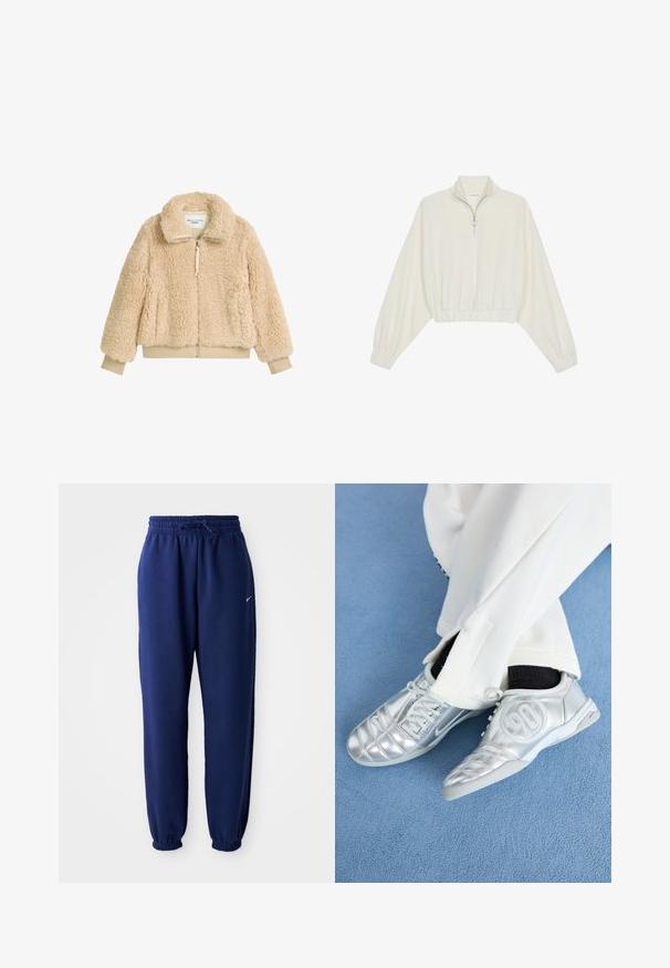 Bézs, bolyhos, cipzáros dzseki magas gallérral, bordázott mandzsettákkal és derékpánttal, puha, textúrált műbárány anyagból készült.; Krém színű, rövidített pulóver, magas gallérral, félig cipzáros záródással, elasztikus derék- és ujjakrésszel, sima textúrával és minimalista dizájnnal.; Navy kék sportnadrág puha anyagból, elasztikus derékpánttal és zsinórral, elasztikus mandzsettákkal és egy kis fehér logóval.; Ezüst sportcipők sima, fényes felülettel, varrott mintázattal és a 90-es számmal az oldalán, fehér nadrággal párosítva.