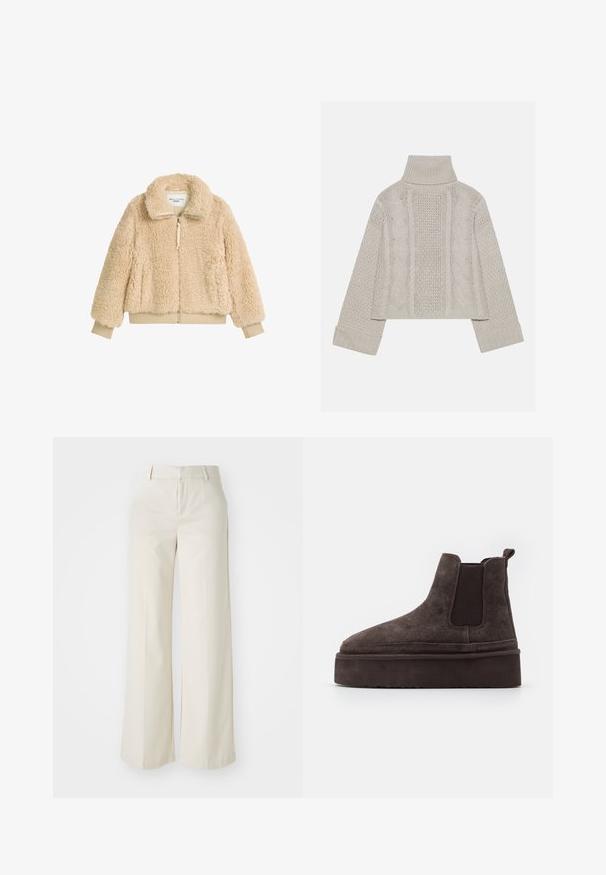 Bézs, bolyhos, cipzáros dzseki magas gallérral, bordázott mandzsettákkal és derékpánttal, puha, textúrált műbárány anyagból készült.; Rövidített, világosszürke kötött pulóver magas gallérral és bordázott mandzsettákkal, hátul és az oldalakon texturált sodrott mintákkal.; Világos bézs színű, széles lábú nadrág, sima anyagból készült. Klasszikus derékrésszel és lapos elülső résszel, letisztult vonalakkal rendelkezik.; Barna nubuk Chelsea csizma elasztikus oldalsó panelekkel és vastag, textúrázott talppal. A saroknál található húzófül megkönnyíti a felhúzást.