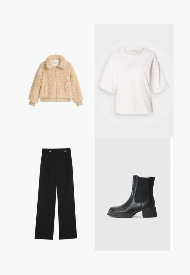 Jachetă crem, pufoasă, cu fermoar și guler înalt, cu manșete și talie ribbed, fabricată dintr-un material moale, texturat, de tip faux shearling.; Tricou alb din bumbac, cu o croială relaxată, mâneci scurte și răsucite, guler rotund și o textură netedă. Design simplu, minimalist.; Pantaloni negri cu picioare largi, talie înaltă, detalii cu butoane pe talie și pliseuri în față.; Botină neagră din piele cu panouri elastice pe lateral, vârf rotund și toc jos în formă de bloc. Suprafața are o textură netedă și detalii minime.