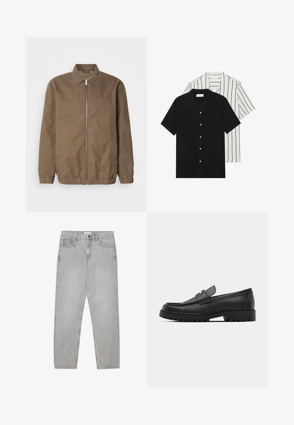 Brown zip-up jacket featuring a collared neck, side pockets, elastic cuffs, and a smooth fabric texture. Classic, minimalist design.; Two short-sleeve shirts: one solid black, one white with black vertical stripes. Both feature button closures and a classic collar.; Light grey denim pants with a straight-leg design, five-pocket styling, and a button closure. Visible stitching along the seams.; Black leather loafers with a rounded toe, featuring a stitched design, low platform sole, and a textured, lugged rubber outsole.
