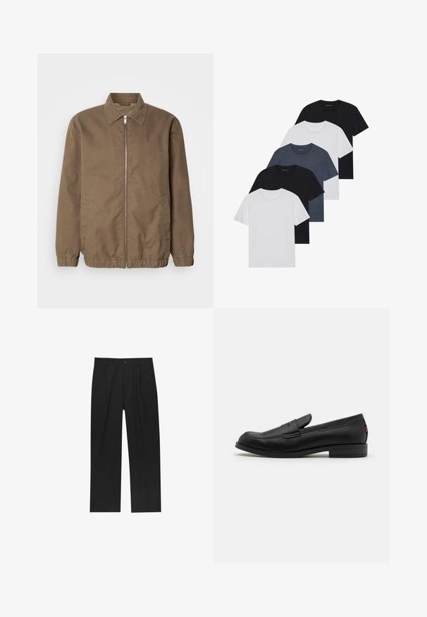 Rjava zip-up jakna z ovratnikom, stranskimi žepi, elastičnimi manšetami in gladko teksturo tkanine. Klasičen, minimalističen dizajn.; Set petih majic v črni, beli in mornarsko modri barvi. Bombažni material, kratki rokavi, krojen vrh z okroglim izrezom ter enostavno teksturo brez vzorcev.; Črne hlače z ravnim krojem, narejene iz gladkega materiala. Imajo sprednje gube in enojno zaponko na pasu.; Črne usnjene mokasine z gladko površino, zaobljenim nosom in majhnim okrasnim preklopom. Imajo nizek zložen peto in subtilen detajl blagovne znamke.
