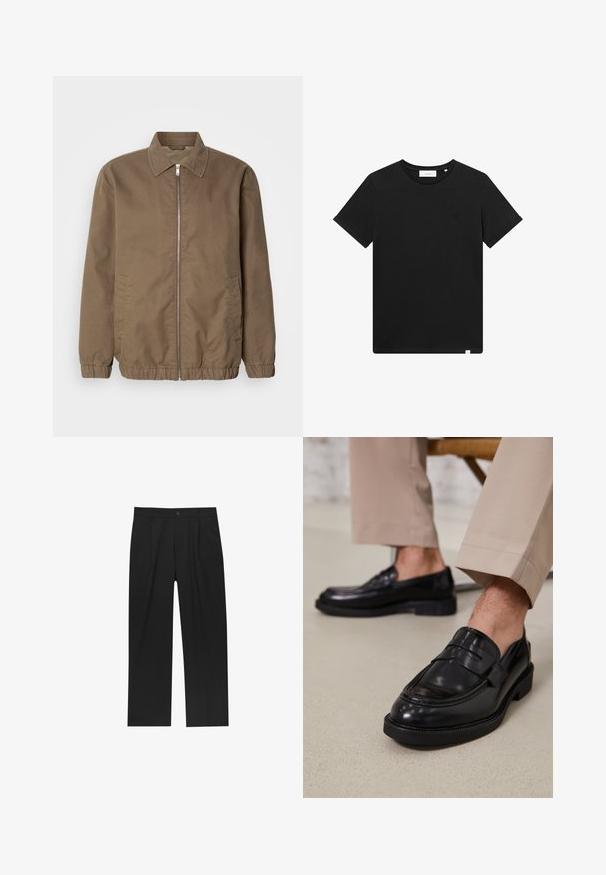 Smeđa jakna na zip s kragnom, bočnim džepovima, elastičnim manžetama i glatkom teksturom tkanine. Klasični, minimalistički dizajn.; Crna kratka majica s kratkim rukavima od pamuka, s okruglim izrezom i malim logotipom izvezenim na prsima. Glatka tekstura, standardni kroj.; Crne hlače ravnog kroja, izrađene od glatkog materijala. Imaju prednje nabore i jedan dugme na struku.; Crne kožne mokasine s glatkom obradom, koje imaju dekorativnu traku i kontrastnu šav, u kombinaciji s bež hlačama.