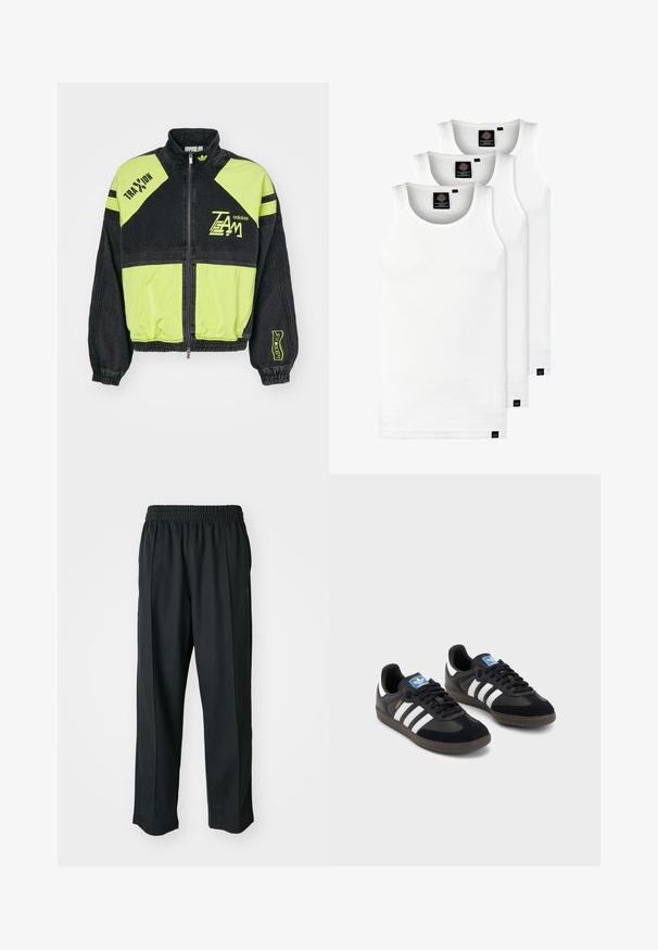 Black and neon green Adidas zip-up jacket with “TEAM” and “TRAXION” text and elastic cuffs and waistband.; Three white ribbed tank tops made of cotton. Features a crew neck and small black labels near the hem. Available in multiple sizes.; Black athletic pants with an elastic waistband, made of smooth fabric, featuring subtle side stitching and a relaxed fit, straight leg design.; Black sneakers with a suede and synthetic upper, featuring three white stripes, textured rubber sole, and blue logo tag on the tongue.