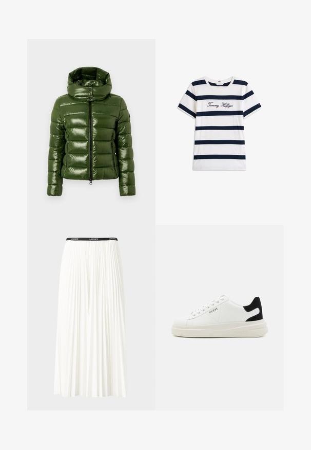 Vihreä untuvatakki kiiltävällä pinnalla, jossa on korkea kaulus, vaakasuunnassa tikattu kuvio ja kaksi sivutaskua vetoketjulla.; Puuvillainen t-paita, jossa on vaakasuoria tummansinisiä raitoja valkoisella taustalla. "Tommy Hilfiger" brodeerattu kursiivilla rintamuksessa. Pyöreä kaula-aukko.; Hame valkoinen pliseerattu hame mustalla joustavalla vyötäröhihnalla, jossa on "LACOSTE"-logo. Puolipitkä malli pehmeällä tekstuurilla.; Valkoiset nahkakengät paksulla valkoisella pohjalla, mustalla mokkanahkaosuudella kannassa ja kohokuvioitu logo sivulla. Nauhakeskitys kuudella reiällä.