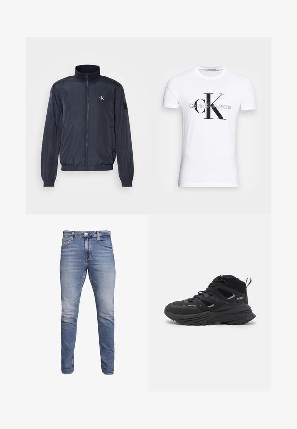 Ναυτικό φούτερ με φερμουάρ κατασκευασμένο από ελαφρύ ύφασμα. Διαθέτει ψηλό γιακά, ελαστικές μανσέτες και το λογότυπο CK στο στήθος. Λείο άγγιγμα.; Λευκό βαμβακερό μπλουζάκι με μαύρο λογότυπο "CK" και κείμενο "Calvin Klein Jeans", κοντά μανίκια και κλασικό στρογγυλό ντεκολτέ.; Μπλε στενά τζιν παντελόνια με πέντε τσέπες, ξεθωριασμένο φινίρισμα, κλείσιμο με κουμπί και θηλιές ζώνης, τοποθετημένα σε λευκό φόντο.; Μαύρα παπούτσια πεζοπορίας με σχεδίαση σε στρώσεις, υφασμάτινη υφή και καουτσούκ σόλα, με ενισχυμένα σημεία και κορδόνια.