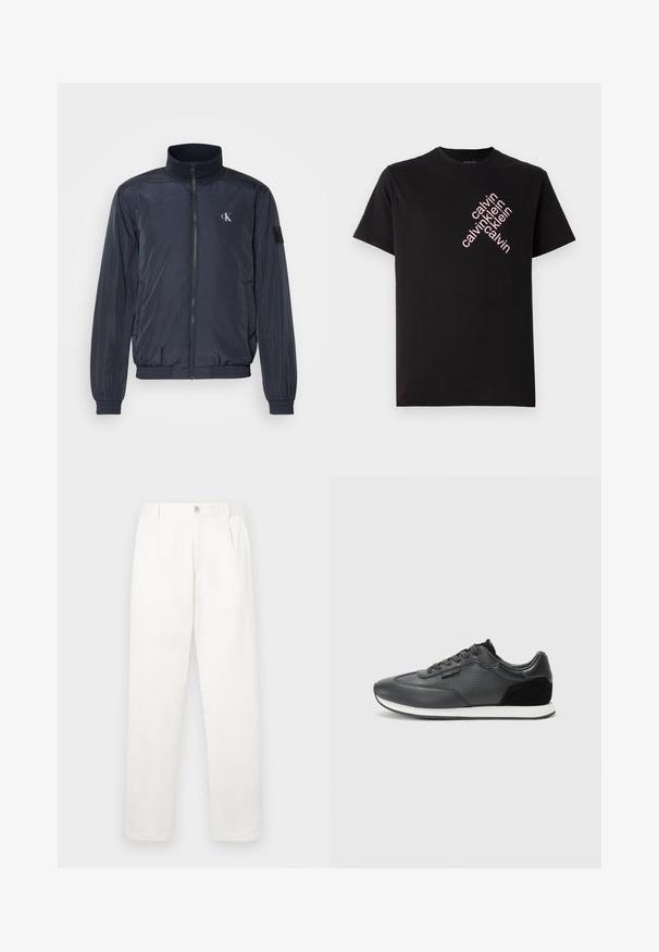 Mornarška jopica na zadrgo iz lahkega blaga. Ima visok ovratnik, elastične manšete in logotip CK na prsih. Gladka tekstura.; Črna bombažna majica s kratkimi rokavi, ki ima diagonalno roza logotip "calvin klein" natisnjen na sprednji strani. Ima okroglo izrez.; Bele hlače iz gladkega blaga, z ravnimi nogami, sprednjimi gubami in enim gumbom za zapiranje v pasu.; Črne atletske teniske z usnjenim zgornjim delom, perforiranimi detajli, zamskovimi akcenti in belim gumijastim podplatom. Klasična zasnova z vezalkami.