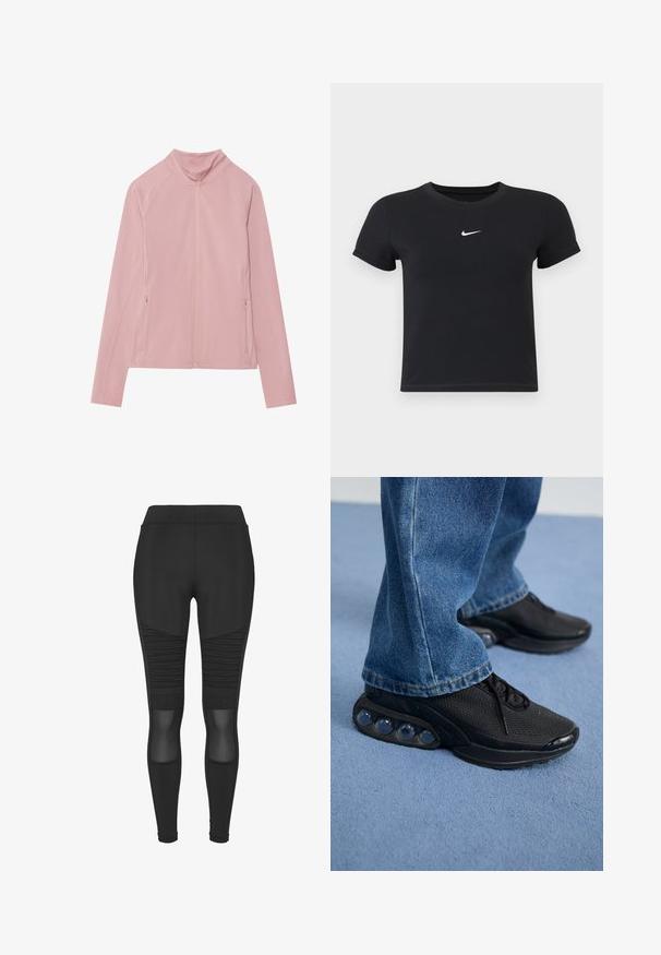 Jachetă roz cu fermoar, cu guler înalt, fabricată dintr-un material neted și elastic. Dispune de două buzunare laterale și mânici raglan pentru libertatea de mișcare.; Tricou negru cu mânecă scurtă, din bumbac, cu decolteu rotund. Prezintă un logo alb Nike pe piept, design minimalist și croială ajustată.; Leggings negri de sport cu o textură netedă, având panouri nervurate și inserții din plasă pe picioarele inferioare. Croială cu talie înaltă pentru susținere.; Adidași sport negri cu parte superioară din plasă, accente texturate și capsule de amortizare vizibile în talpă. Purtați cu blugi albaștri.