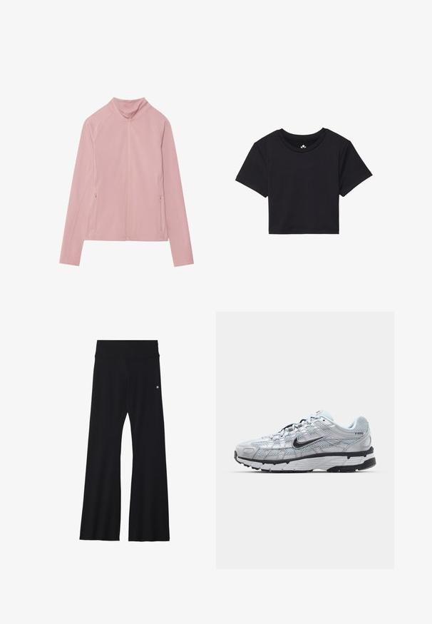 Giacca rosa con zip e colletto alto, realizzata in un tessuto liscio ed elastico. Presenta due tasche laterali e maniche a raglan per facilitare i movimenti.; T-shirt nera cropped con maniche corte, scollo rotondo, realizzata in tessuto liscio. Design minimalista senza motivi o accenti visibili.; Pantaloni yoga neri a campana in tessuto elasticizzato, con una cintura ampia e un piccolo logo vicino all'anca. Texture liscia, senza motivi.; Sneakers Nike P-6000 con una toma superiore in mesh grigio chiaro, accenti neri e una resistente suola in gomma nera. Dotati di un design intricato e di un sistema di allacciatura.