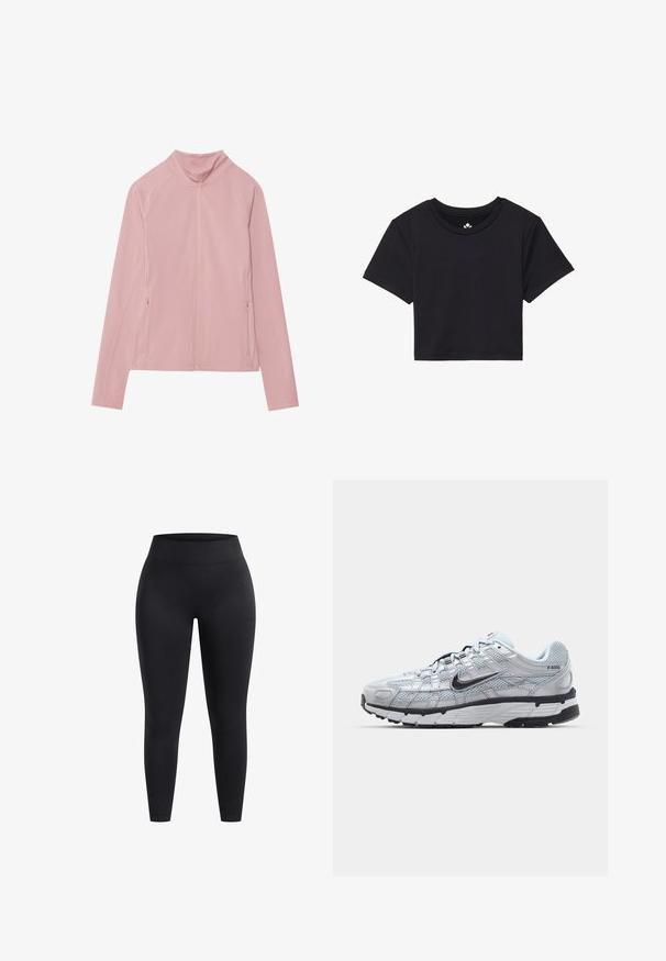 Rosa Zip-up-Jacke mit hohem Kragen, aus glattem, elastischem Stoff. Verfügt über zwei seitliche Taschen und Raglanärmel für Bewegungsfreiheit.; Schwarzes, kurzes T-Shirt mit kurzen Ärmeln, rundem Ausschnitt, aus glattem Stoff. Minimalistisches Design ohne sichtbare Muster oder Akzente.; Hochbundige schwarze Leggings aus dehnbarem Stoff mit glatter Oberfläche und knöchellanger Passform. Keine Muster oder sichtbaren Hardwaredetails.; Nike P-6000 Sneakers mit einem Obermaterial aus leichtem grauem Mesh, schwarzen Akzenten und einer langlebigen schwarzen Gummisohle. Verfügt über ein komplexes Design und ein Schnürsystem.