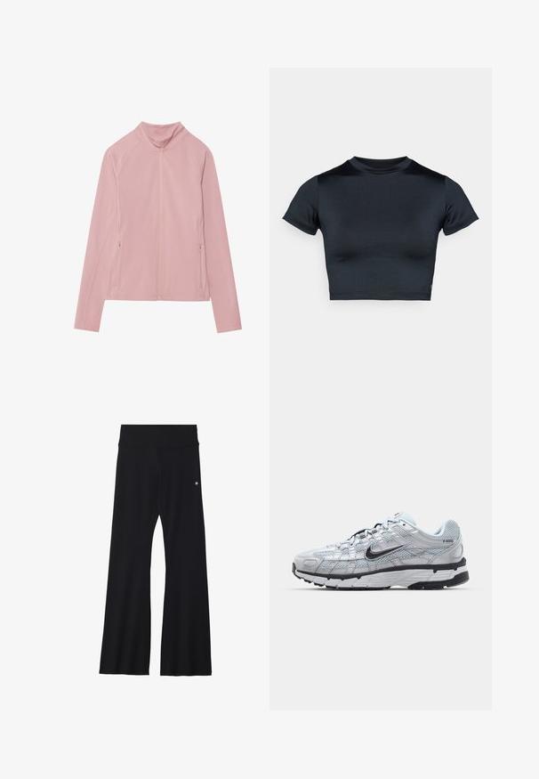 Casaco rosa com fecho éclair e gola alta, feito de tecido liso e elástico. Apresenta dois bolsos laterais e mangas raglan para maior liberdade de movimento.; Top cropped de manga curta em azul-marinho escuro, feito de tecido liso e elástico. Apresenta decote redondo e detalhes mínimos de costura. Sem logótipos visíveis.; Calças de yoga pretas em tecido elástico, apresentando uma cintura larga e um pequeno logótipo perto do quadril. Textura suave, sem padrões.; Ténis Nike P-6000 com um cabedal em malha cinza claro, detalhes em preto e uma sola de borracha preta durável. Apresenta um design intrincado e um sistema de atacadores.