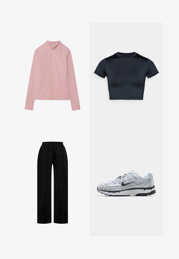Różowa kurtka zapinana na zamek z wysokim kołnierzem, wykonana z gładkiego, elastycznego materiału. Posiada dwie boczne kieszenie i rękawy raglanowe dla większej swobody ruchów.; Krótki top z krótkim rękawem w ciemnym granacie, wykonany z gładkiej, elastycznej tkaniny. Posiada okrągły dekolt i minimalne przeszycia. Brak widocznych logo.; Czarne dresy o luźnym kroju, z elastycznym paskiem w talii, szwami bocznymi oraz kontrastowymi szwami dla dodatkowego akcentu.; Nike P-6000 sneakers z jasnoszarym siateczkowym wierzchem, czarnymi akcentami i trwałą czarną gumową podeszwą. Charakteryzują się skomplikowanym wzornictwem i systemem sznurowania.