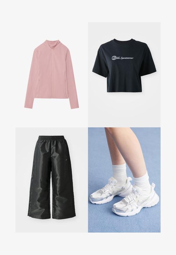 Roze zip-up jas met hoge kraag, gemaakt van glad, rekbaar materiaal. Bevat twee zijzakken en raglanmouwen voor optimale bewegingsvrijheid.; Korte zwarte katoenen t-shirt met korte mouwen, voorzien van witte tekst "Vice Sportswear" en een ronde afbeelding aan de voorkant.; Zwarte sportbroek van een glanzende, gladde stof, met een elastische tailleband, wijde pijpen en een klein logo aan de linkerkant.; Witte sportschoenen met gaas en synthetische overlays, voorzien van een zilveren Nike swoosh, gecombineerd met ribbelige witte sokken op een blauwe ondergrond.