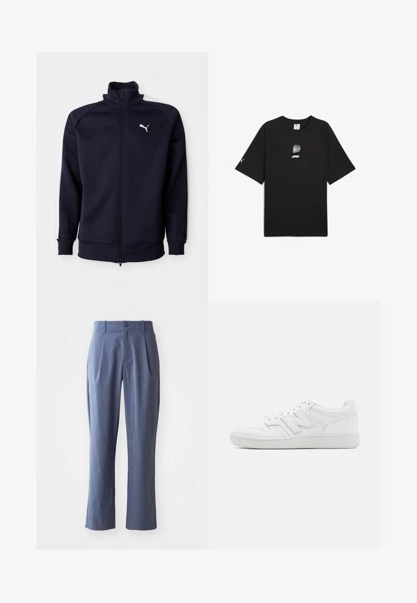 Tamsiai mėlynas džemperis su užtrauktuku, aukštu apykakle, raukšlėtėmis rankovėmis ir apačia. Yra baltos šoninės juostos ir mažas baltas Puma logo ant krūtinės.; Juodas trumpomis rankovėmis medvilninis marškinėliai, kuriuose yra grafika su lenktyniniu šalmu ir logotipu priekyje, o ant rankovės – mažas logotipas.; Tamsiai mėlynos kelnes su raukšlėmis, tiesaus kirpimo, pagamintos iš lengvos medžiagos, su vienu priekinio mygtuko užsegimu ir dirželių kilpomis.; Balti sportbačiai, pagaminti iš lygaus odos, su perforuota nosimi, tekstūruotu guminiais padais, plokščiomis raištelėmis ir ryškiu 'N' logotipu šone.