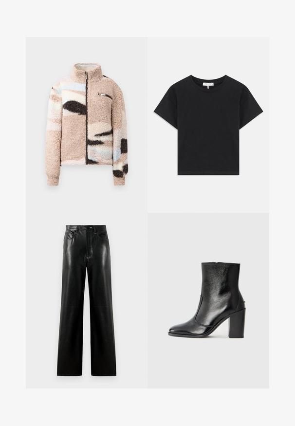 Pahuljasta, bež flis jakna s patent zatvaračem, koja sadrži apstraktne pastelnim uzorcima i mali džep na prsima s metalnim detaljima.; Crna skraćena majica od pamuka, s okruglim izrezom, kratkim rukavima i jednostavnim dizajnom bez uzoraka ili ukrasa.; Crne kožne hlače širokih nogavica s glatkom završnom obradom, koje sadrže dugme i patentni zatvarač, prednje džepove i kontrastne detalje šivanja.; Crna kožna čizma do gležnjeva s glatkom teksturom, špicastim vrhom i debelim visokim potpeticama. Ima bočni otvor i minimalistički dizajn.