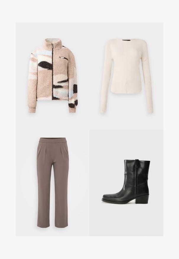 Pehmeä, beige fleece-takki, jossa on vetoketju, ja jossa on abstrakteja pastellisävyisiä kuvioita sekä pieni rintatasku metallisilla yksityiskohdilla.; Pitkähihainen, vaaleanbeige paita, jossa on pyöreä kaula-aukko. Valmistettu pehmeästä kankaasta, jossa on keskeinen sauma ja hieman kaareva helma. Ei näkyvää metalliosaa.; Harmaat löysät housut, joissa on joustava vyötärö ja etutaskut, valmistettu sileästä kankaasta.; Musta nahkasaapas nilkkamittaisella varrella, pyöreällä kärjellä, lohkarekorolla, sivuvetoketjulla ja ompeluaksentilla varren yläosassa. Suora pinta, klassinen muotoilu.