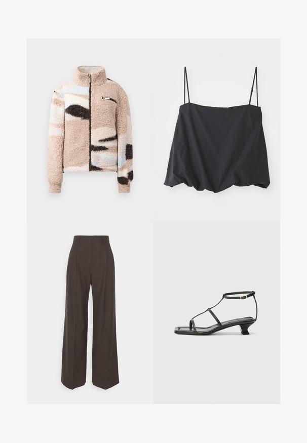 Soeis, beež fliistekott, millel on lukuga esikülg, omades abstraktseid pastelseid mustreid ja väikest rinnataskut metallist aktsentidega.; Mustavärviline ilma varrukateta topp, millel on õhukesed rihmad, laialdane lõige ja kokku kogutud ääre. Valmistatud kergest kangast, millel on sile tekstuur.; Tumepruunid lai jalad püksid kõrge vöökohaga, millel on korralikult pressitud kortsud, sile tekstuur ja täpselt sobiv lõige.; Must värviline nahk sandaal ruudukujulise varbaga, õhukeste rihmadega, kohandatava pahkluu rihmaga ja madala kandaga. Rihmal on väike kuldne aktsent.